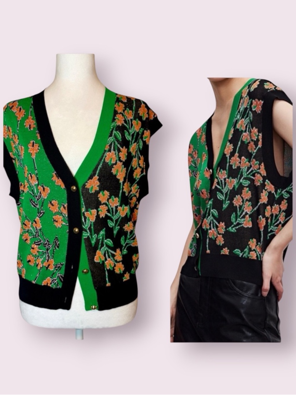 Urban Revivo Color Block Floral Sweater Vest Green Black Sparkly Size 4 - Picture 13 of 13